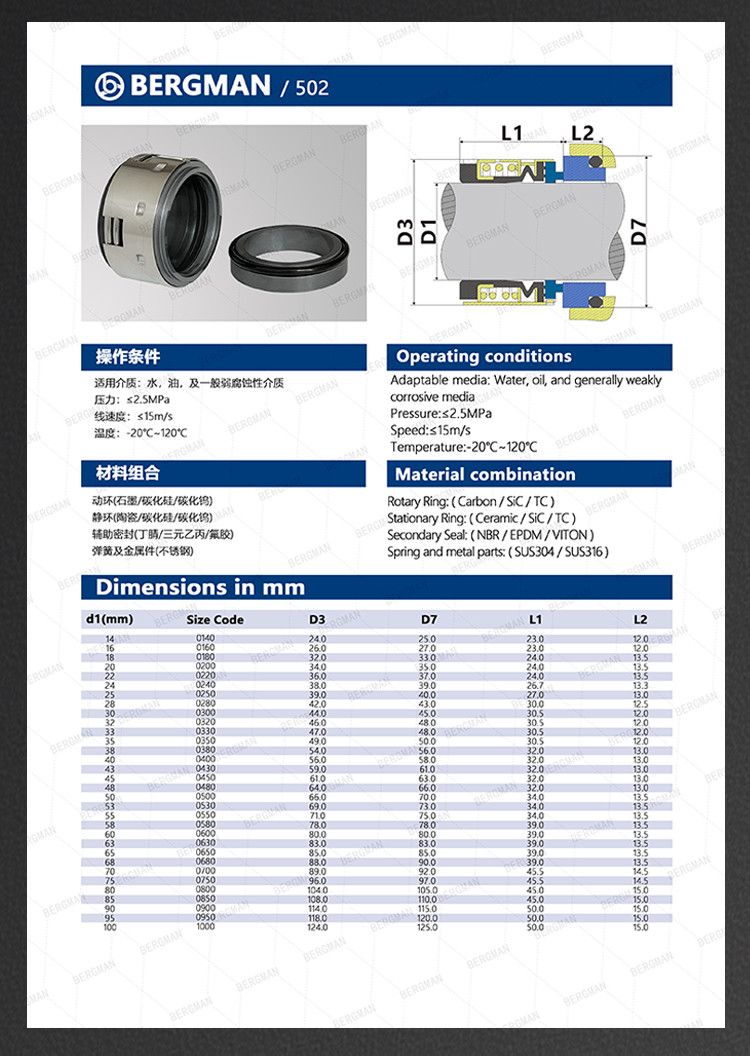BERGMAN Replaces John Crane 502 18mm-100mm G60 G4 G6 G9 G13 G16 BS Bo BP Pump Mechanical Seal