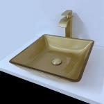 400m Washroom Basin Sink Square Vessel Smooth Brushed Gold Tempered Glass