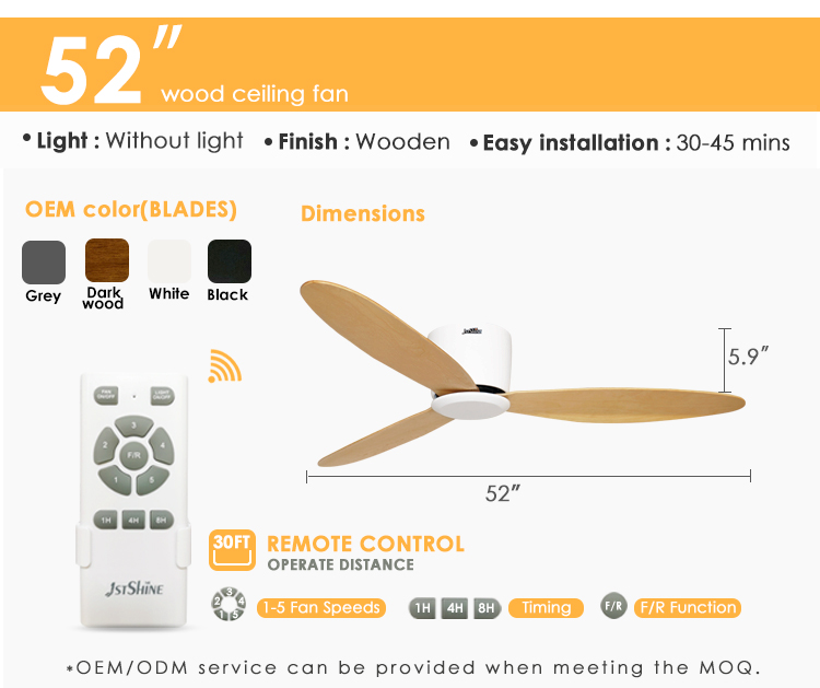 Remote Control 52" Air Cooling Fan for Low Profile Flush Mounted Ceiling in Smart Home