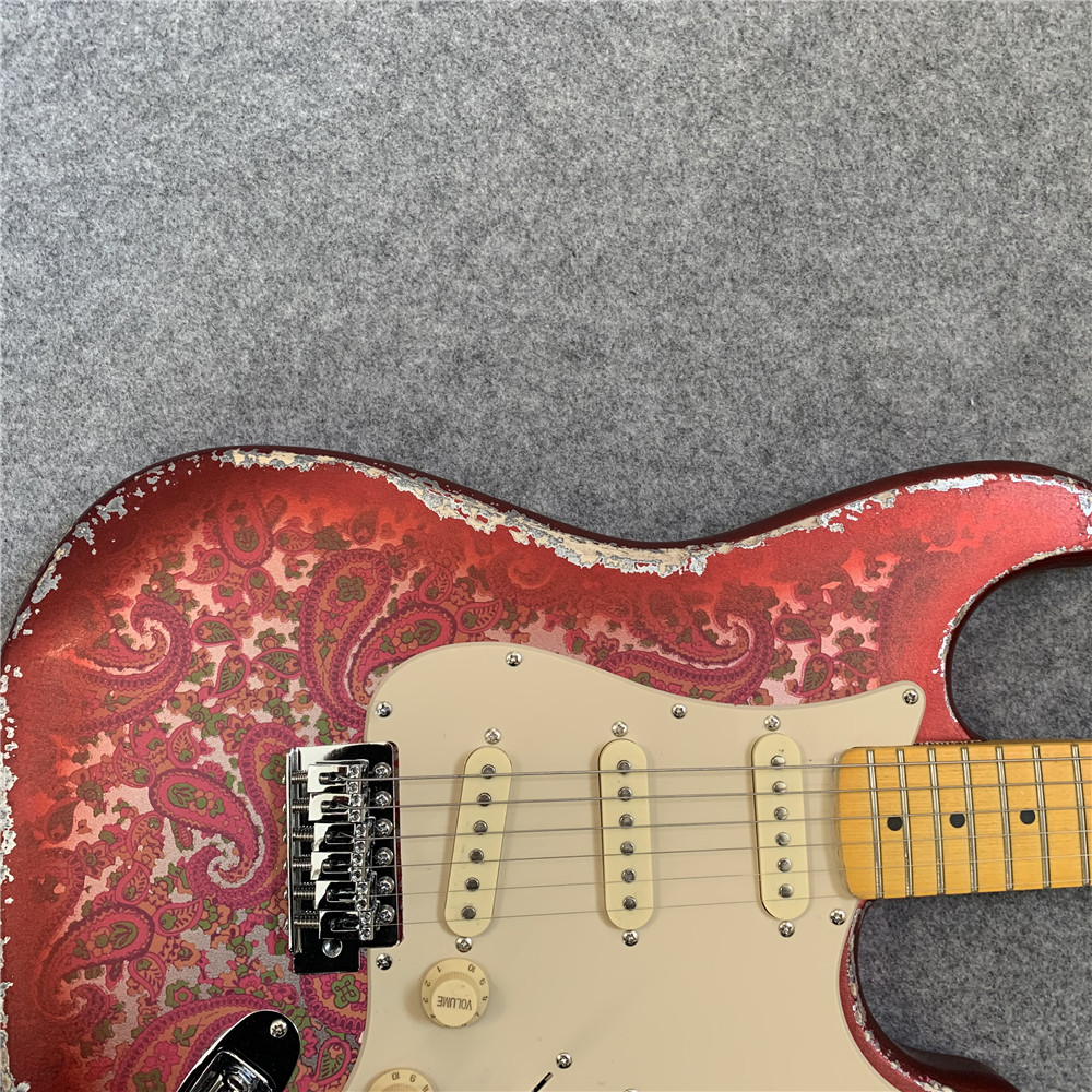 High Quality Electric Guitar Relic Retro Strat Electric Guitar with Pink Flower Color free shipping