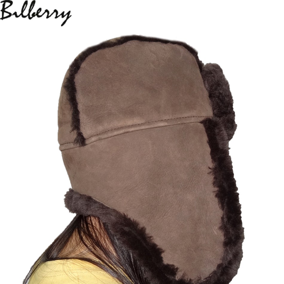 Unisex Top Layer Suede Winter Bomber Hats , Fur Trim Shearling Aviator Hat