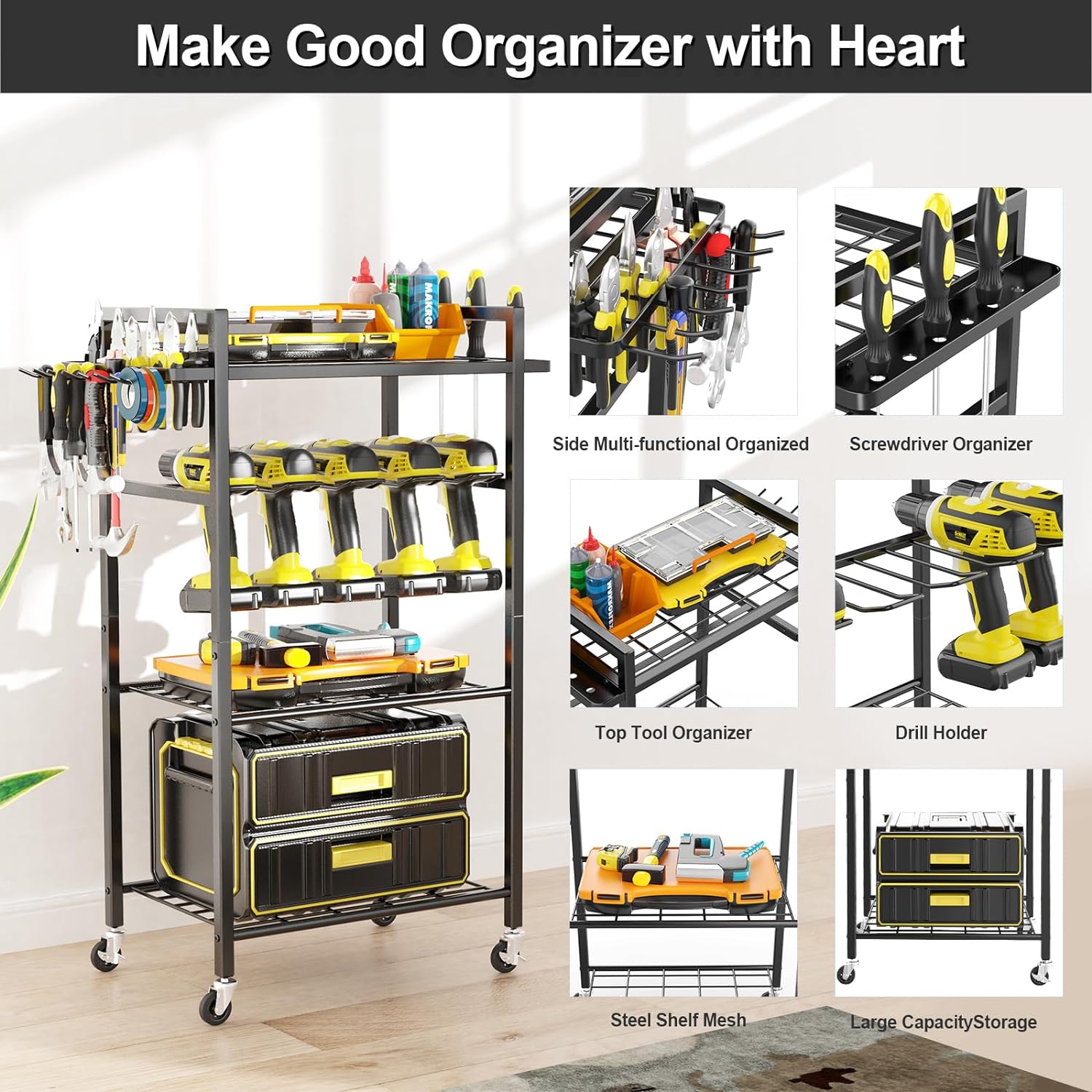4 Layer Heavy Duty Metal Power Tool Storage Rack with Thick Rolling Cart and Wheel Floor