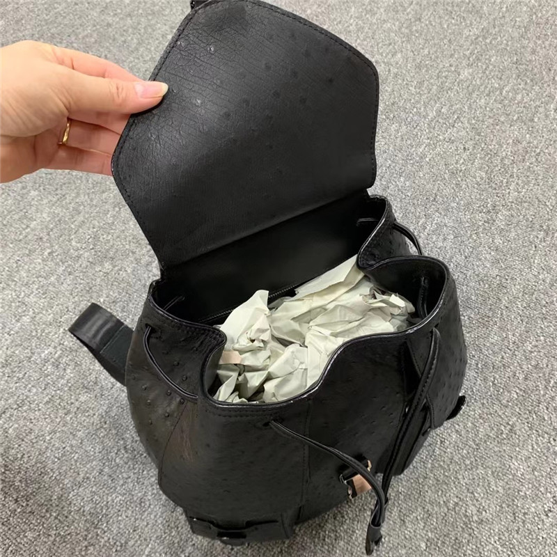 Unisex Style Authentic Ostrich Skin Drawstring Closure Women Men Backpack Genuine Leather Female Male Travel Bag Pack