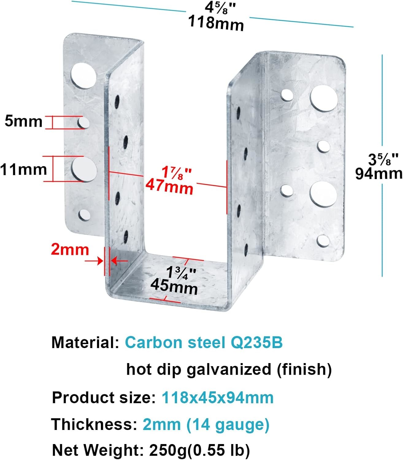 4x6 Face-Mount Joist Hanger,Inner Width:3-1/2",14 Gauge