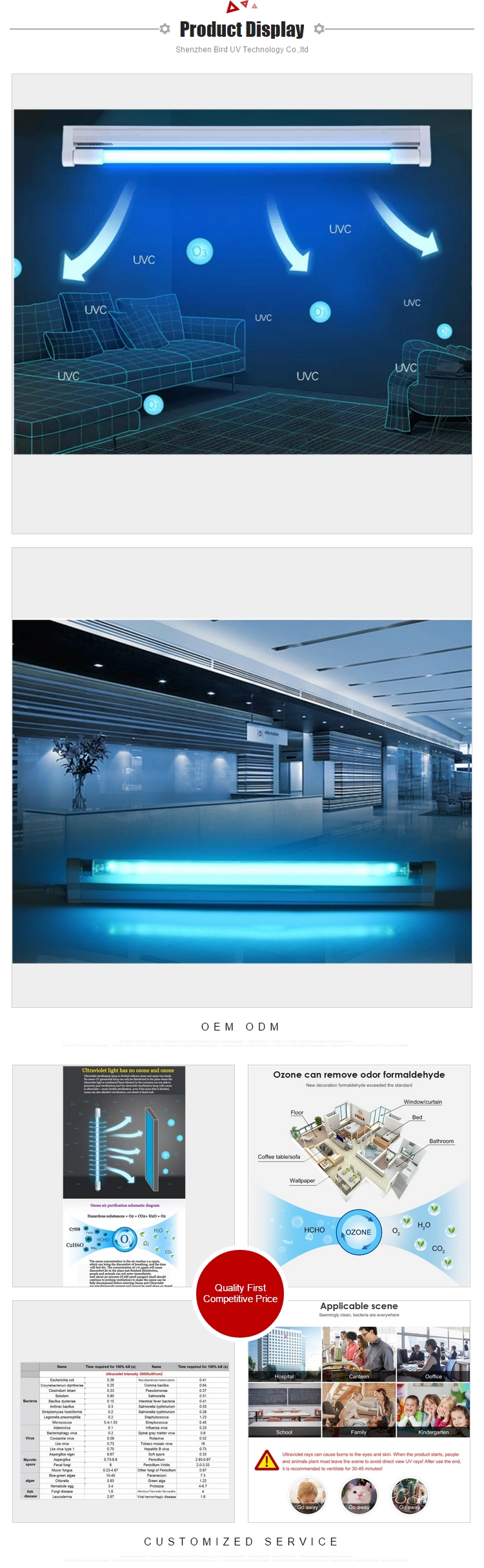 Quartz Glass UVC Lamp 30W 100Lm/W Ultraviolet Light Sterilizer