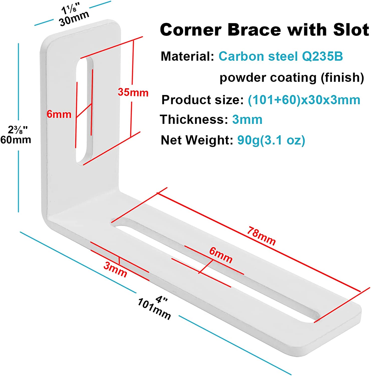 4 Inches White Adjustable L-Shape Corner Brace with Slot, Heavy duty L-shaped bracket with slots for fixation and installation