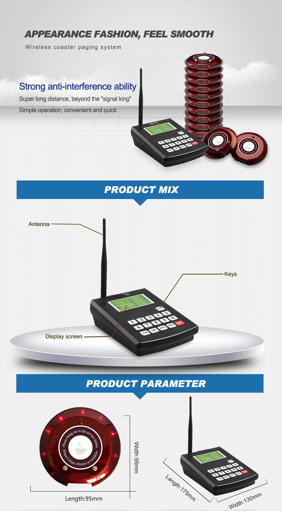 Restaurant top sales long range wireless queue call coaster pager system with transmitter keyboard
