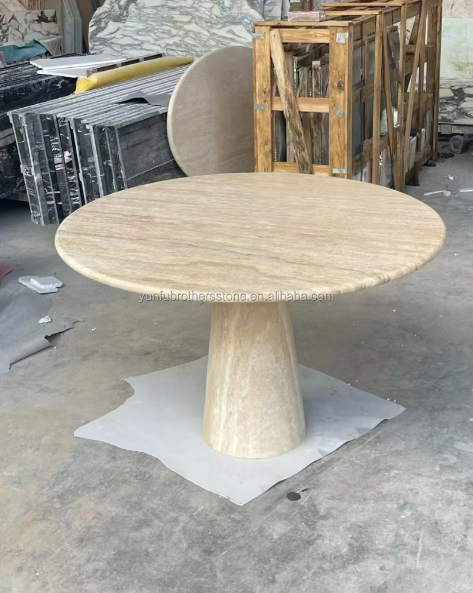 Polished Beige Round Travertine Dining Table Modern Stone Furniture for Living Room