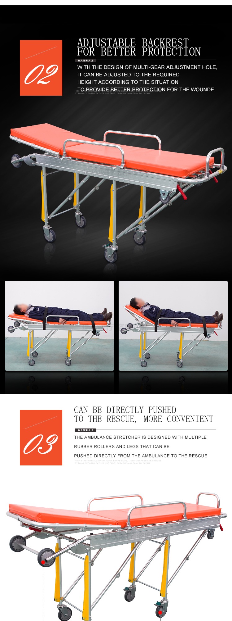 Class I Adjustable Stretcher Orange Auto Loading Stretcher With IV Pole