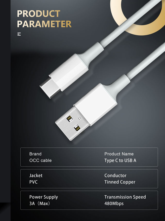 USB Type-C to USB-A 2.0 Male Charger Cable, 3 Feet (1 Meters), White