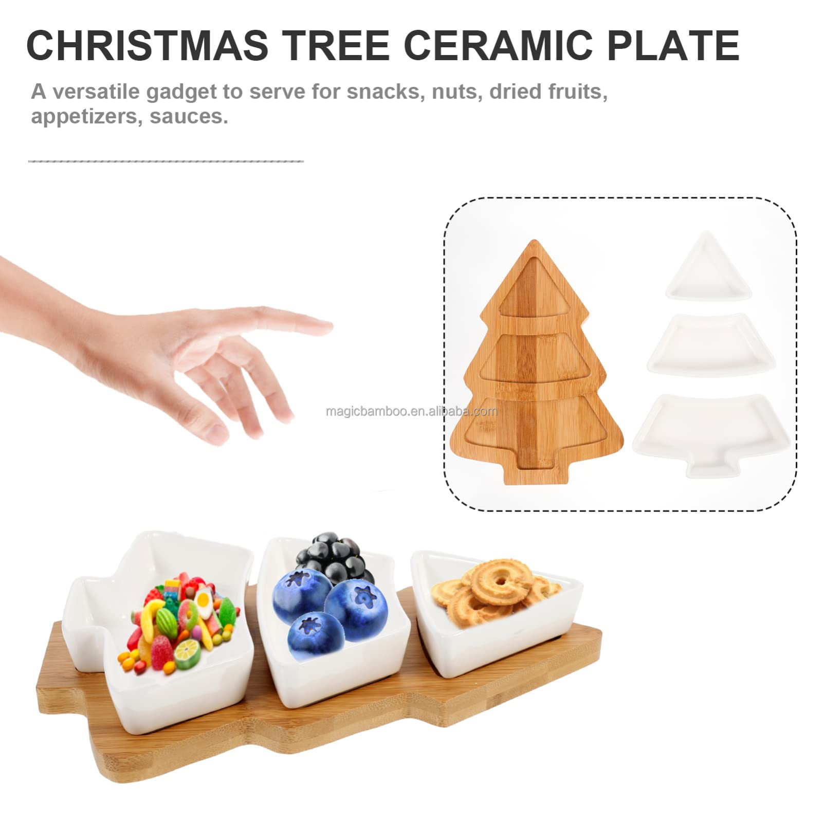 Festive Bamboo Table Tray with Three Removable Ceramic Dishes and Christmas Tree Shape