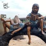 BLVE Bronze Girl And Boy Reading Statue Life Size Children Sculpture Art Metal
