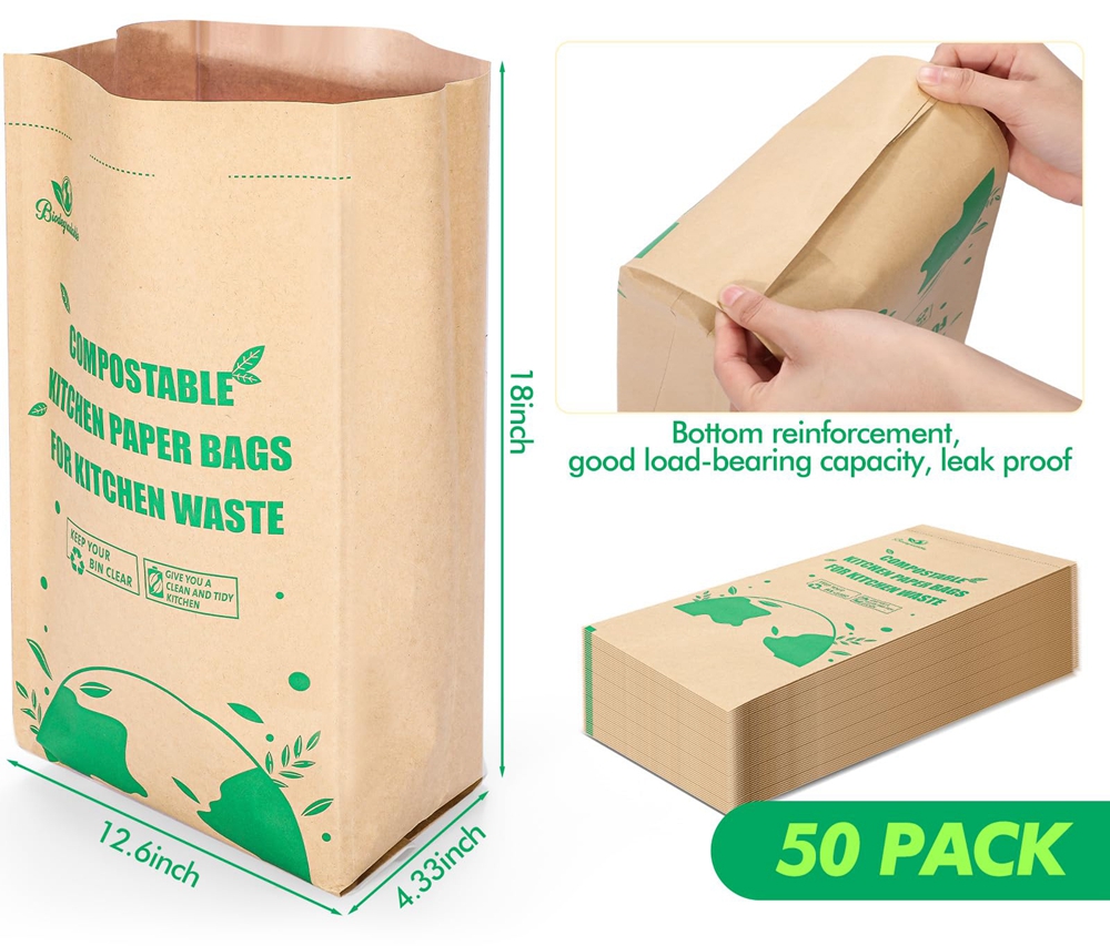 100% Biodegradable Square Bottom Kraft Paper Garbage Bags for Food Waste 50 Lb Capacity
