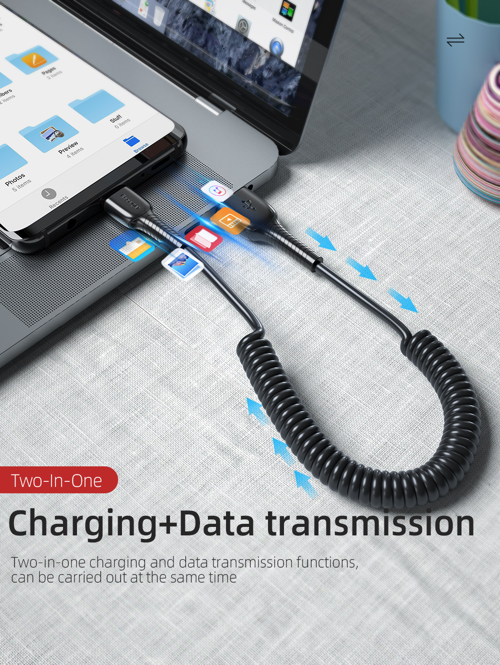 PVC Type C Data Cable 2.4A Stretchable Phone Charger Cable 1.2M