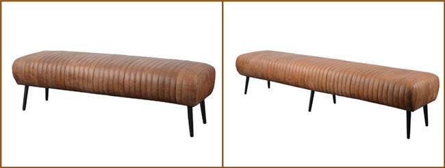 Vintage Leather Ottoman Footstool Bench Open Road With Black Iron Legs