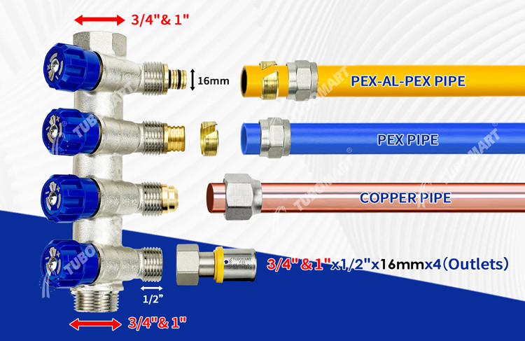 Floor Heating Systems Brass Plumbing Manifold 2 - 12 Outlets Water Pipe Manifold