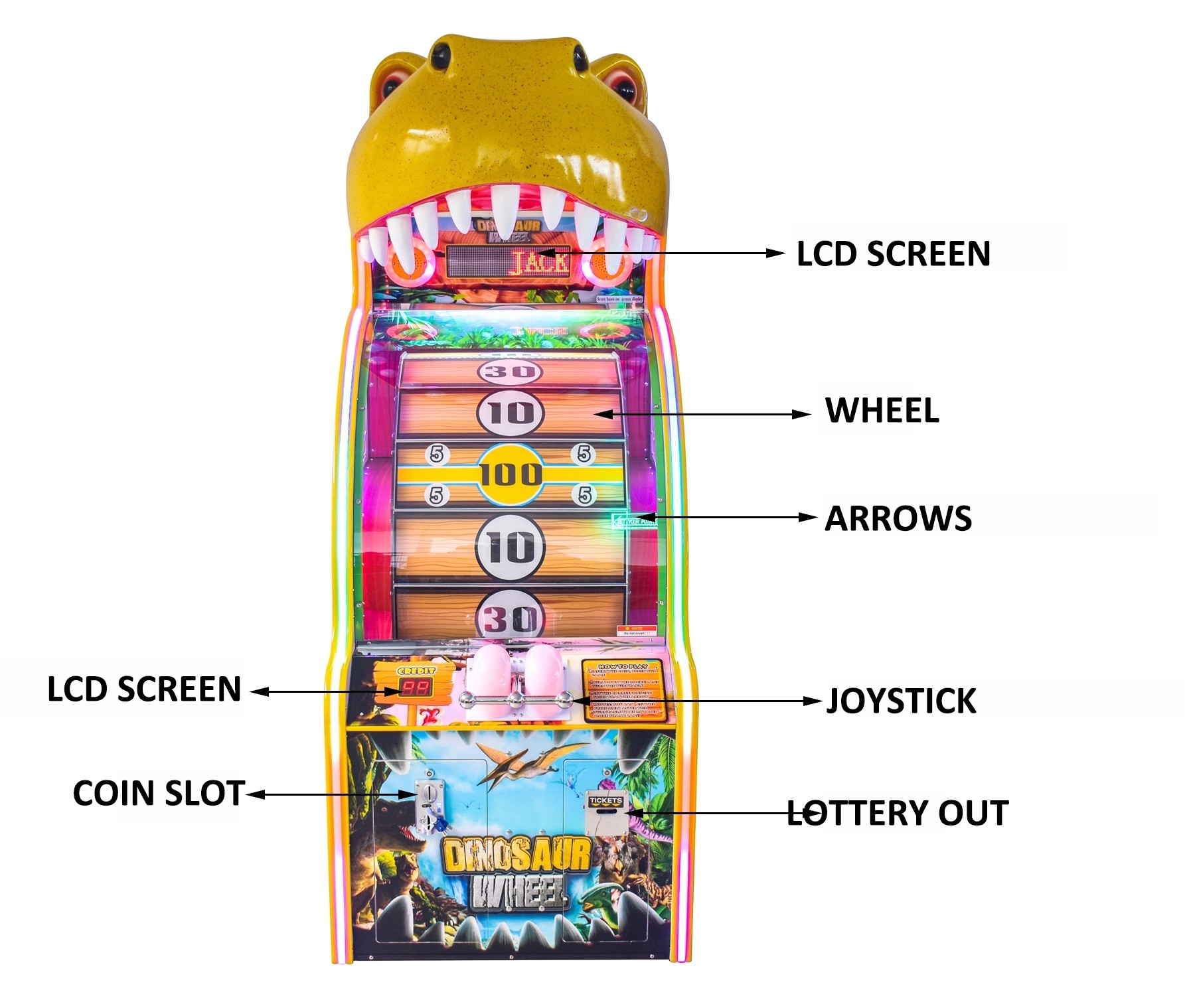 Arcade Dinosaur Lucky Wheel Ticket Lottery Redemption Game Machine
