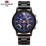 Luminous Men Black Ebony Wooden Quartz Watch Blue Dial Wood Wristwatch