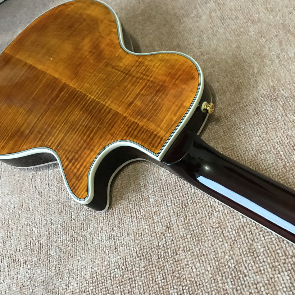 New high quality Custom LP left hand electric guitar, Ebony guitar, Flame Maple Top & Back, Double F hole, free shipping