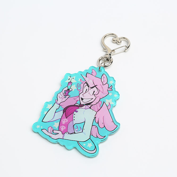 Custom high quality opaque acrylic double epoxy keychain charm with silver glitters