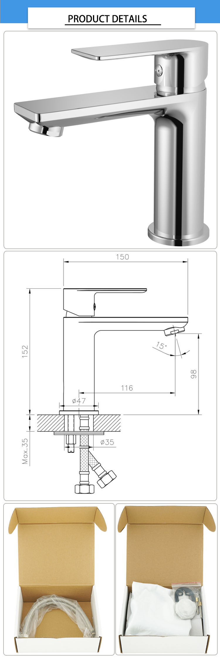 Brass Chrome 2.000kg 160mm Wash Basin Faucet