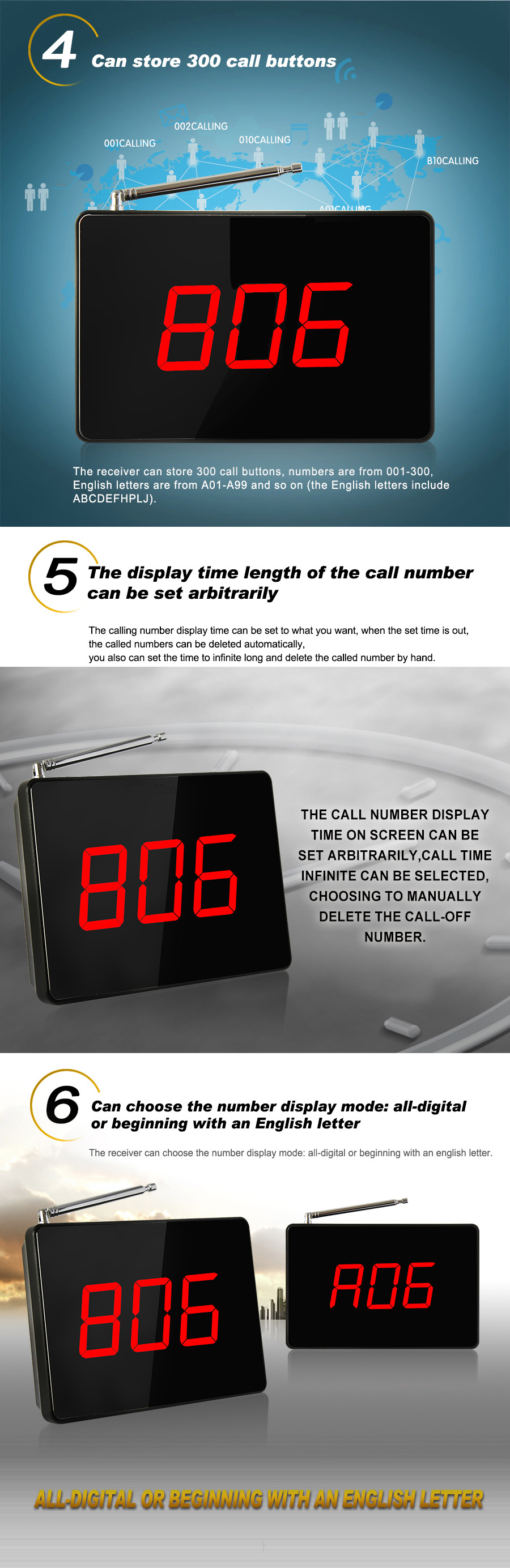 Cheap price wireless call paging system smart restaurant table button small display receiver