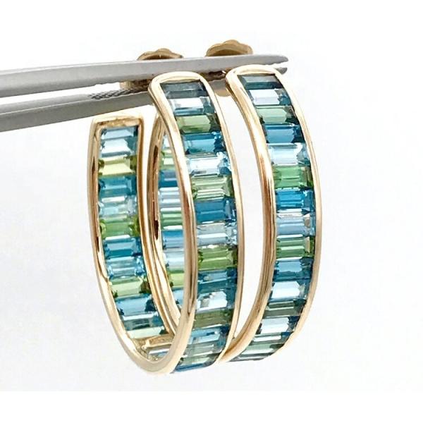 Jewelry Main Material Silver Baguette Blue and Green Topaz Stud Hoops for