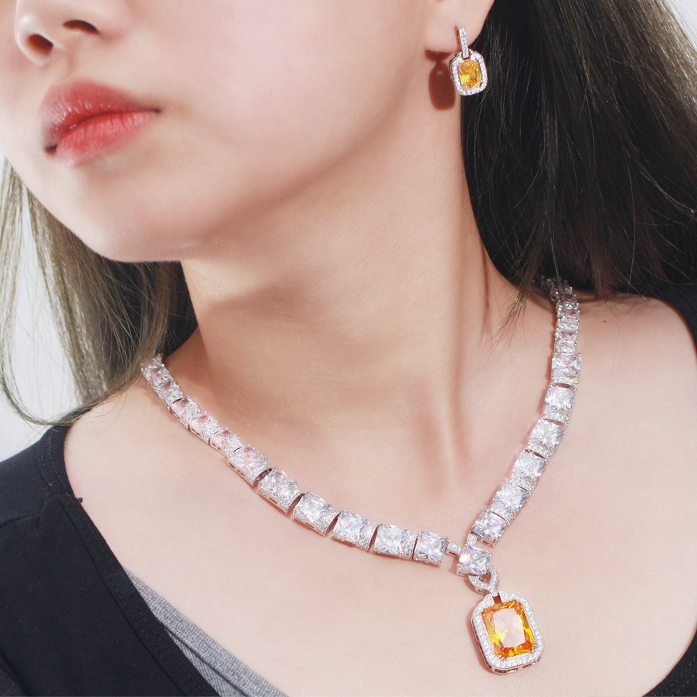 Square Shaped Pendant Necklace with Dazzling CZ Fashion Necklace Bracele Earring Wedding Necklace Jewelry Sets