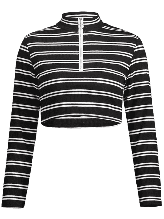 Trendy Women Clothing Stripe Long Sleeve O Ring Zip Crop Tee Top