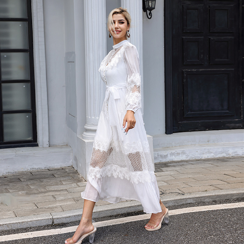 Embroidered Long Sleeve Lace Maxi Dress Plain Pattern For Wedding