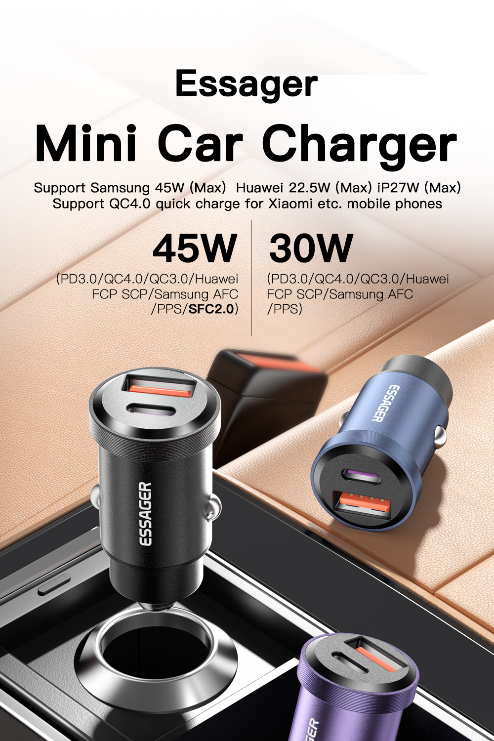 Essager 2022 Gyroscope New Type-c + USB-A USB QC3.0 30W 45W Mini Car Charger