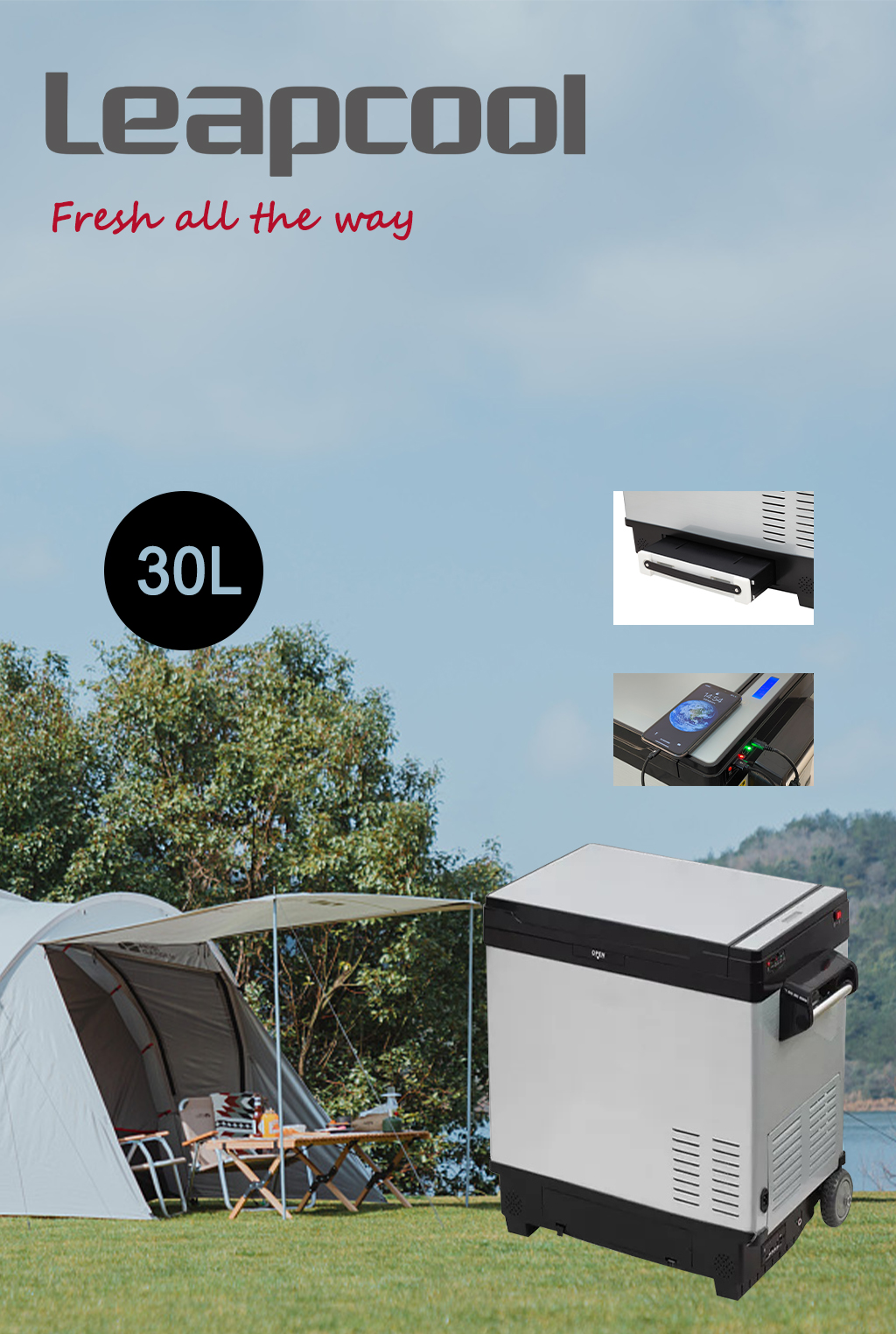 Car Fitment 30L Portable Solar Fridge Refrigerator with Double Door and LFP Battery