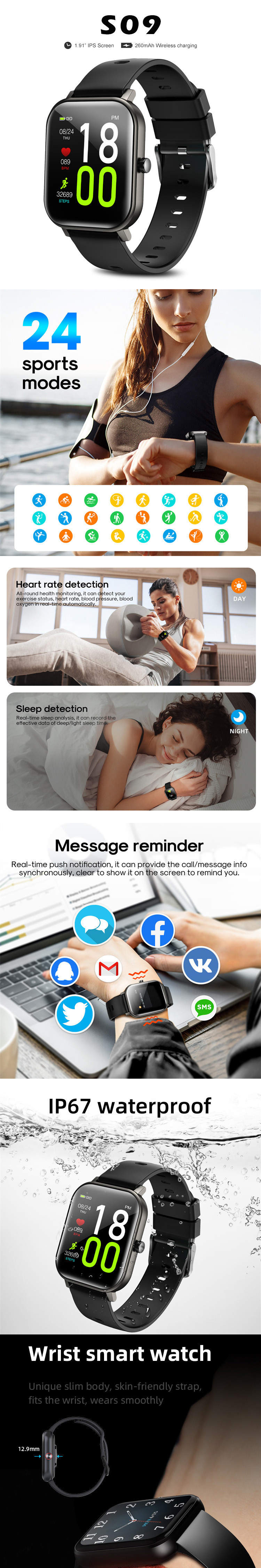 1.91inch IPS Fitness Tracker Smart Watch Heart Rate Blood Pressure 128MB