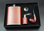 Portable Kitchen Household Items 9 Oz Leather Hip Flask Business Gift Pipe Set