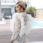 Longn Sleeved High Neck Flared Blouse Chic White High Waisted Lace Tops With
