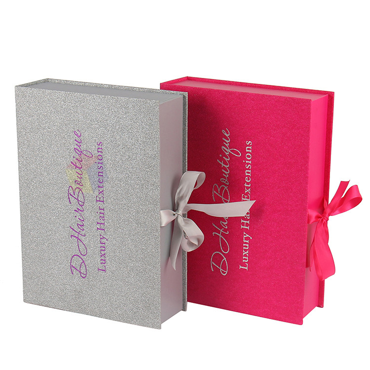 Foil Logo Silver Glitter Paper Custom Wig Packaging Boxes Luxury With Ribbon Closure