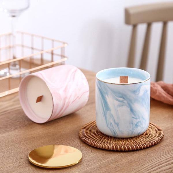 Luxury Home Scented Candles Ceramic Marble Wooden Wick Candle Jars With Metal