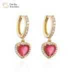 24k Gold Plated Diamond Brass Hoop Earrings , Zircon Crystal Heart Dangle Drop