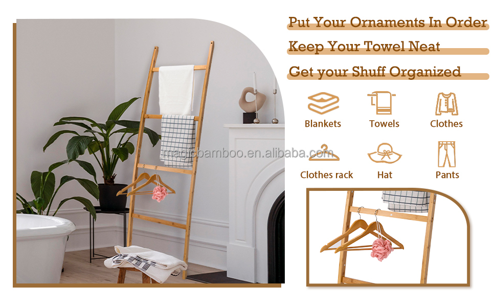 Upgrade Your Bathroom and Living Room Decor with a 6ft BAMBOO Towel Ladder Four Layers