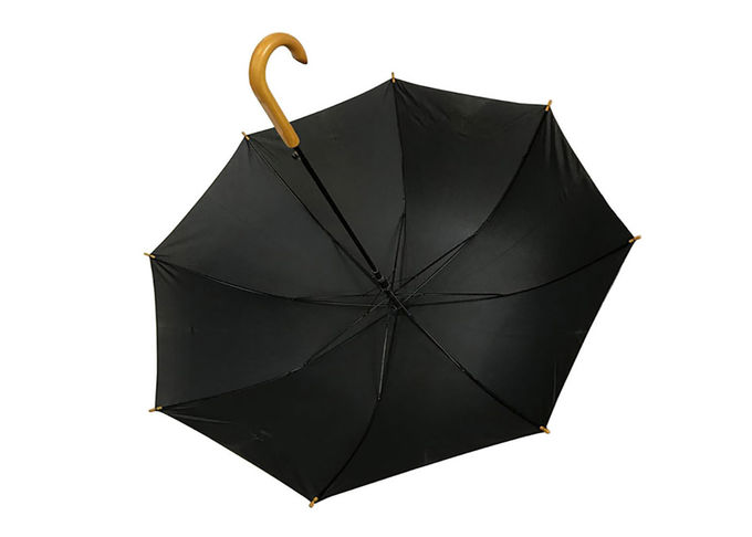 Black J Stick Wooden Handle Umbrella Polyester Fabric Lightweight Anti Uv