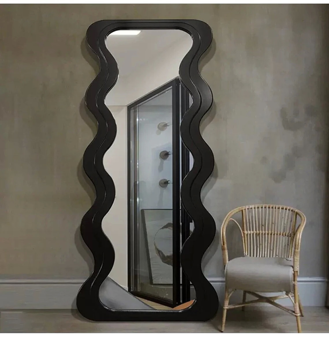 OEM Floor Wavy Standing Mirror Black Ornate Wooden Frame