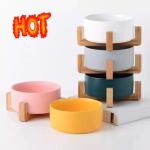 Ceramic Pet Food Bowl Dog Feeder With Bamboo Stand For Pet Dog Cat