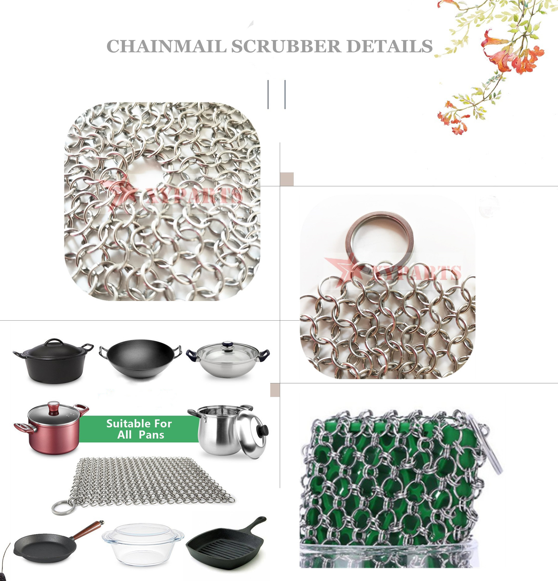 Food Grade Chain Mail Cast Iron Skillet Cleaner Woven With 1.2mmx10mm Rings
