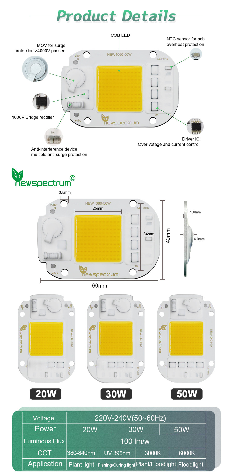Cool White RGB LED Module 30W 220V LED COB Chip Color Temperature 6500K