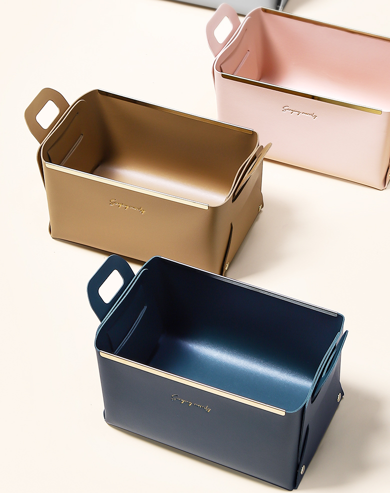 Convenience Stores Foldable Clothing Leather Basket Storage Box Desk Organizer with Handle