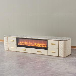 Quality White Beige MDF Stainless Steel TV Stand 78 Inch Faux Stone Media Unit 4 Doors Open Compartment Curved Corners wholesale