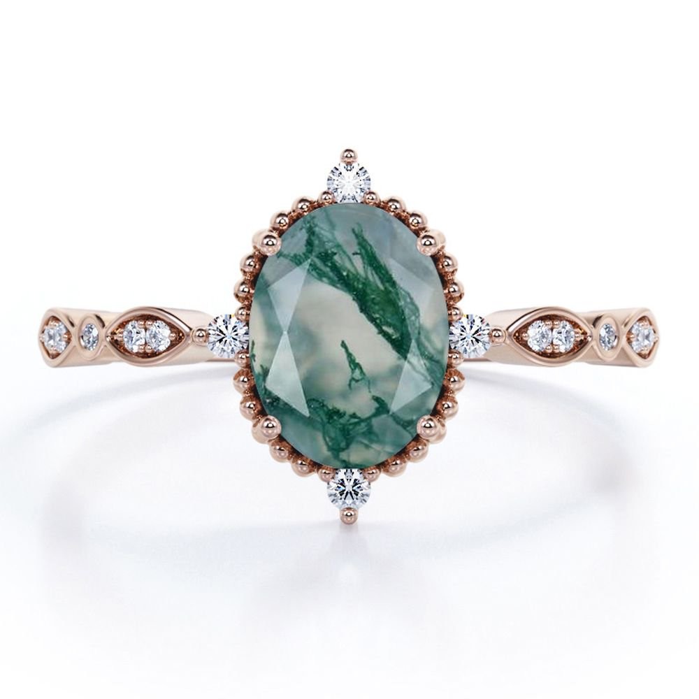 Oval Natural Green Moss Agate Artsy Alternative Ring -Handmade Wedding Ring