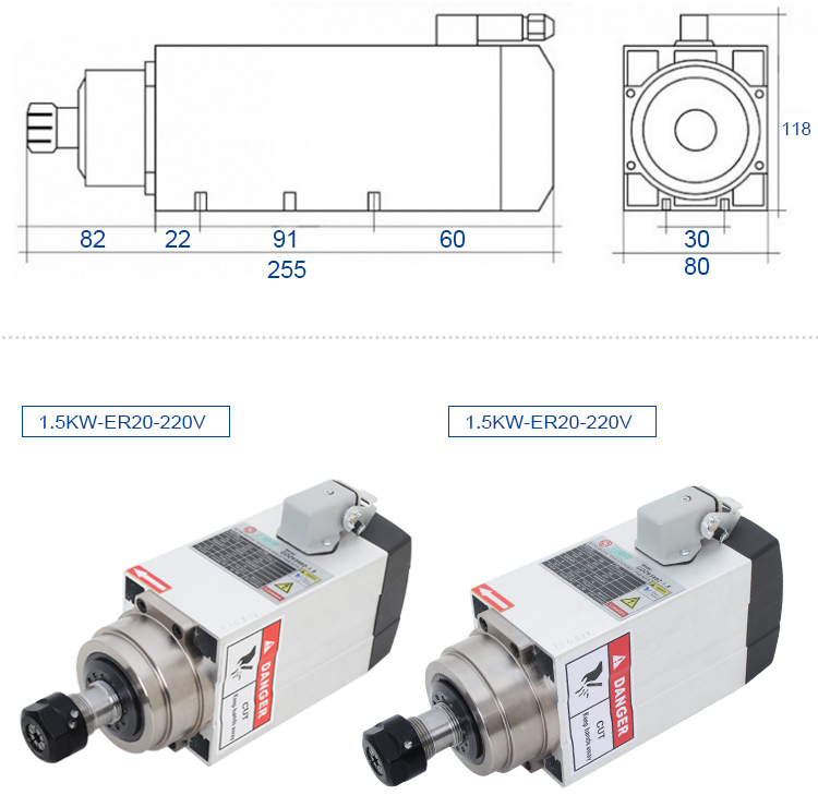 400HZ Frequency GDZ80*73-1.5 24000rpm Square Air Cooled Spindle Motor with Flange Design
