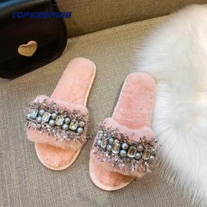Quality Diamond Jewelry decorative Outdoor Fur Slippers For Women wholesale