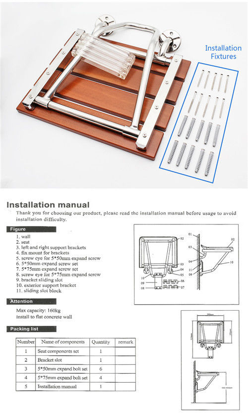 Loading Weight 160KG Fold Down Shower Seat , Relaxing Waterproof Solid Wooden Shower Seat